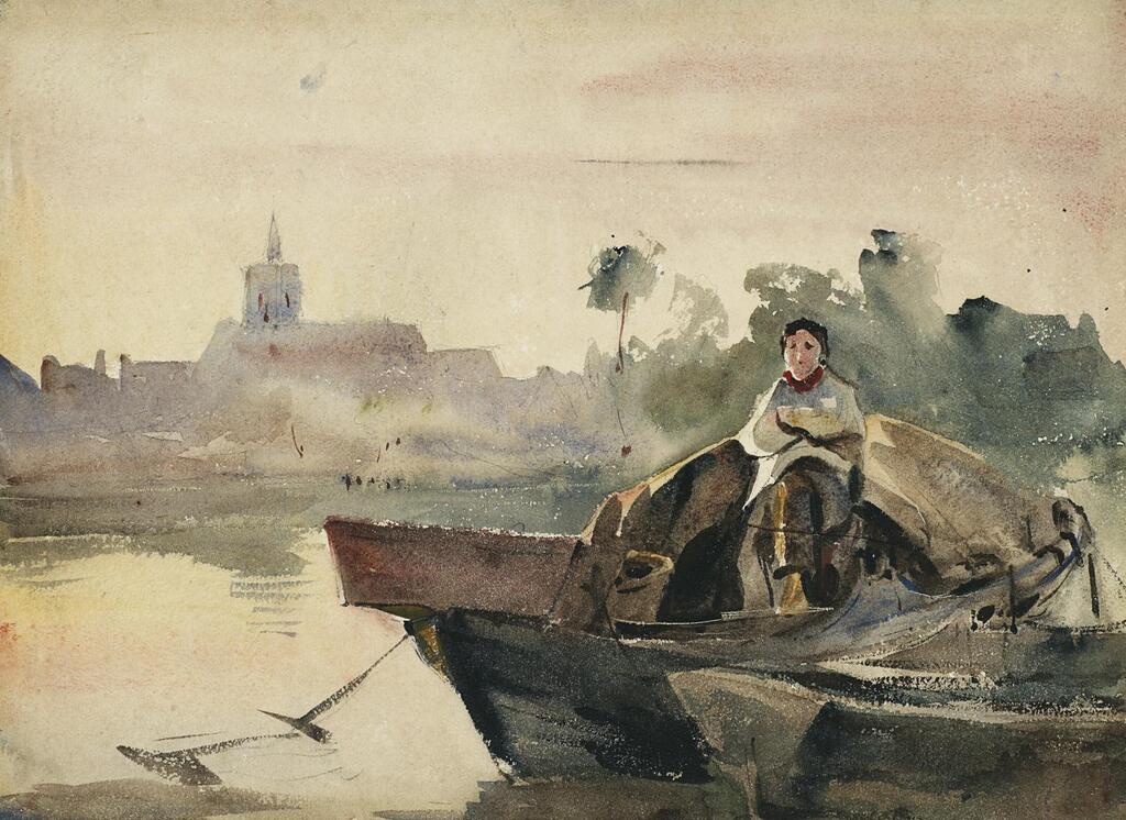 A woman on a boat, opposite a church