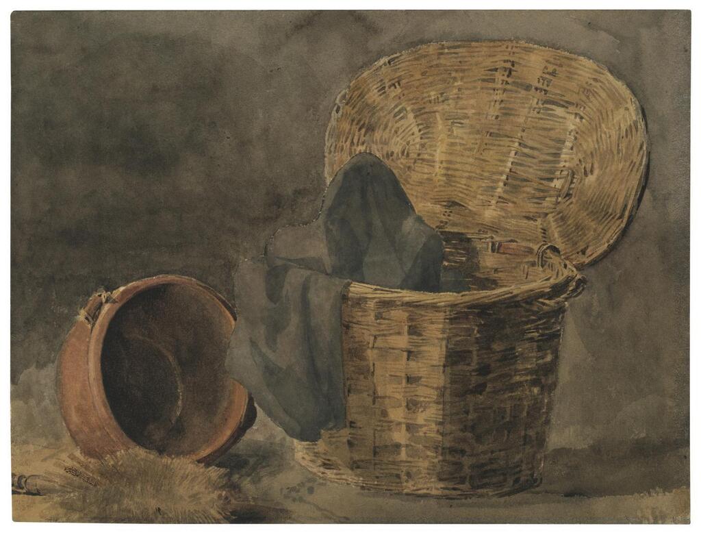 Still life with a wicker basket, cloth, earthenware pot and brush