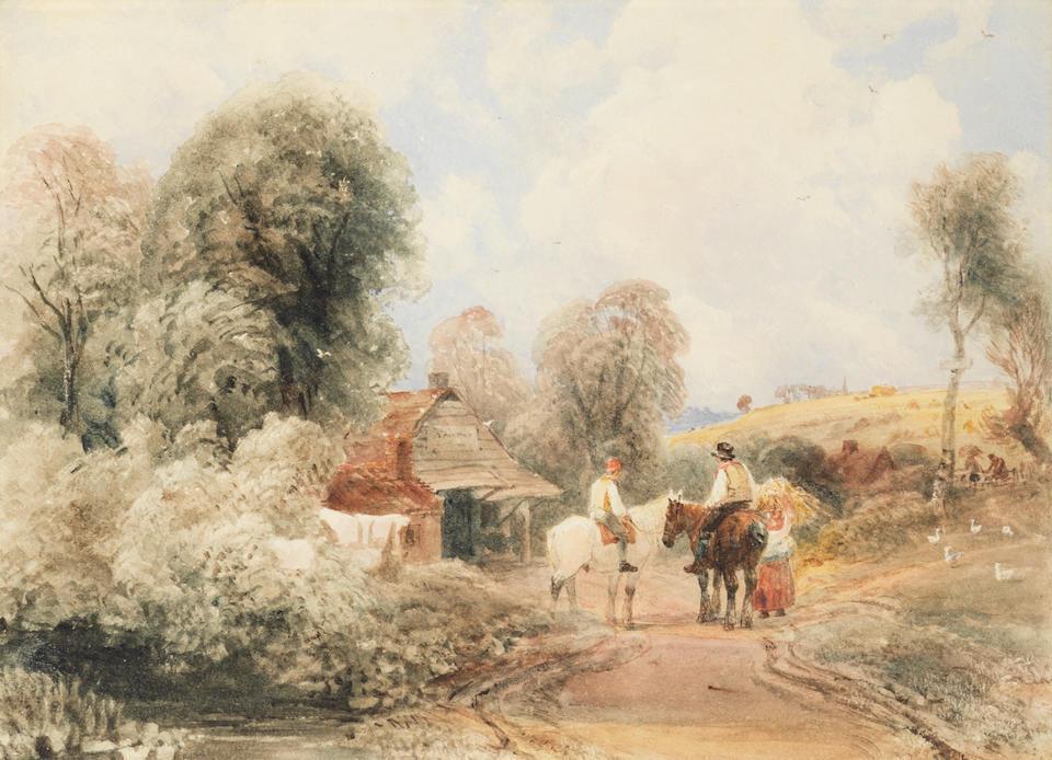 A farm at harvest time with three figures on a road