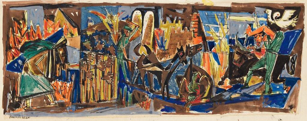 A Man Killing a Raging Bull near a Walled Town (Mural Study)