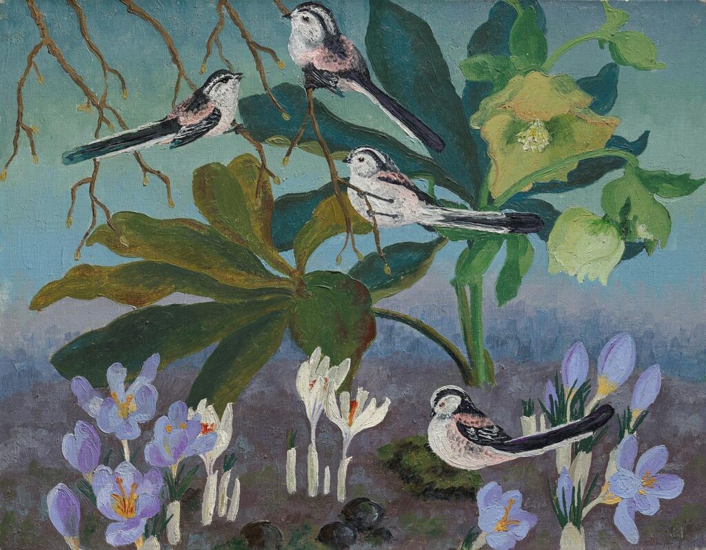 Long-Tailed Titmice and Crocuses