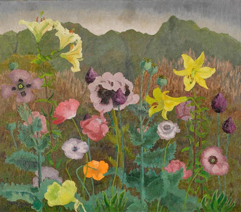 Lilies and Poppies against a Mountain Range