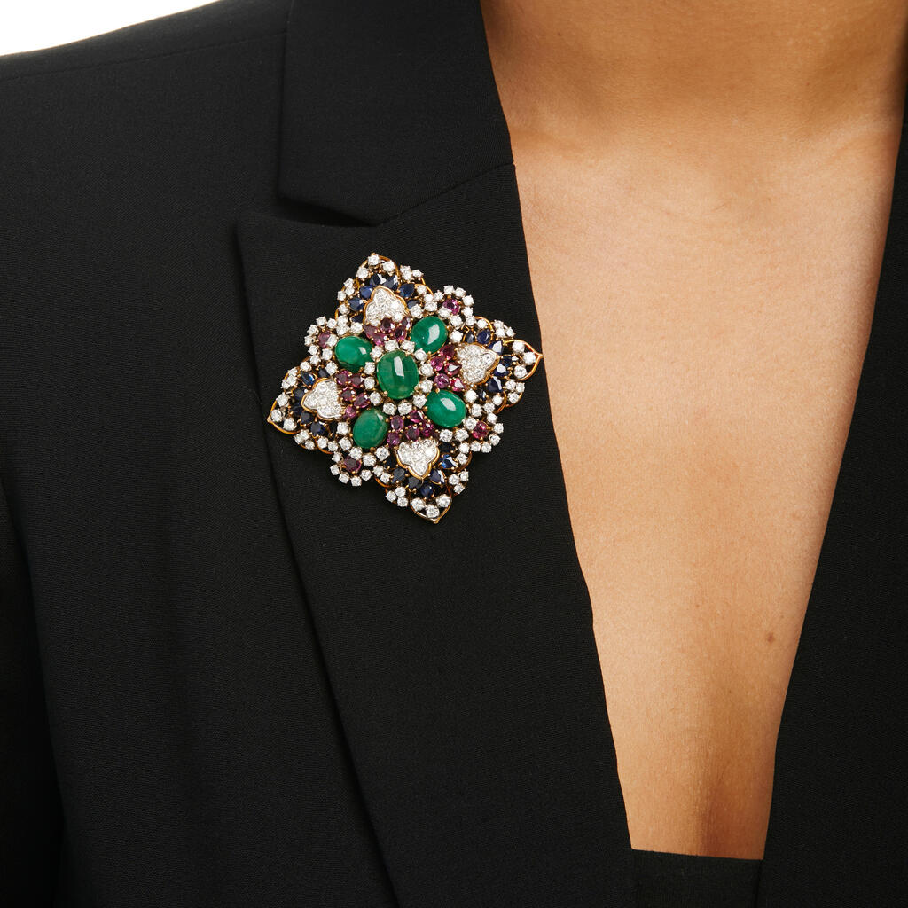 18K GOLD, DIAMOND AND GEM-SET BROOCH