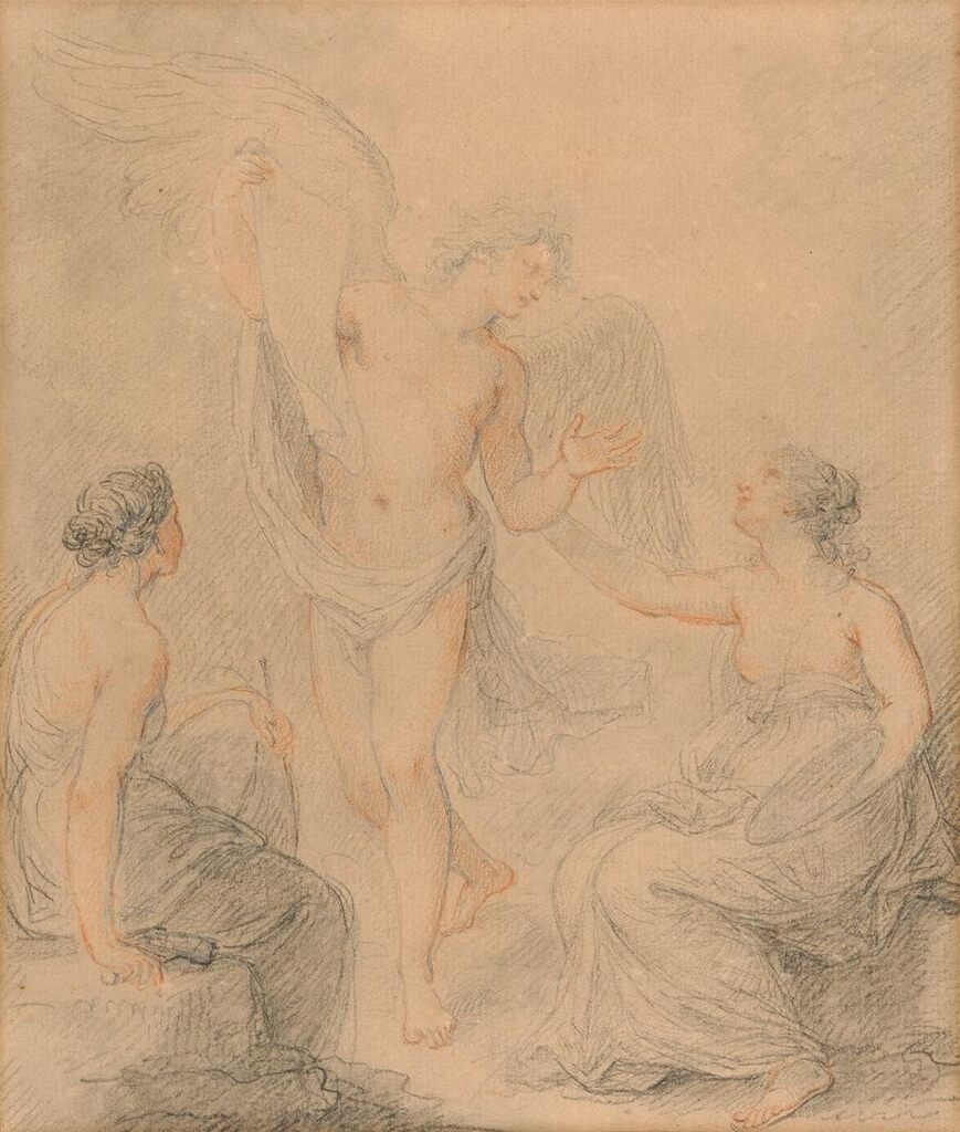 A winged messenger addressing the Muses of Sculpture and Painting
