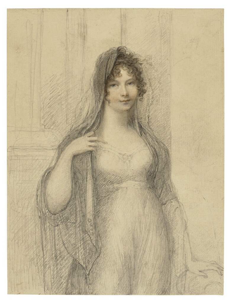 Portrait of a veiled lady, probably Maria Cosway, three-quarter length, standing by a column