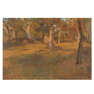 Sir William Blake Richmond, RA (British, 1842-1921) Tree trunks at sunset