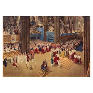 Terence Cuneo (British, 1907-1996) The Coronation of Queen Elizabeth II in Westminster Abbey, June 2, 1953 Giclée print in colours, signed and numbered 299 in black ink, the descriptive label to the reverse of the frame signed by Lady Glenconner: 'Anne Coke/a maid of/honour for/Queen Elizabeth/II now/Anne Glenconner'Image: 528 x 760mm (20 3/4in x 29 7/8in)Sheet: 596 x 789mm (23 1/2in x 31 1/8in)