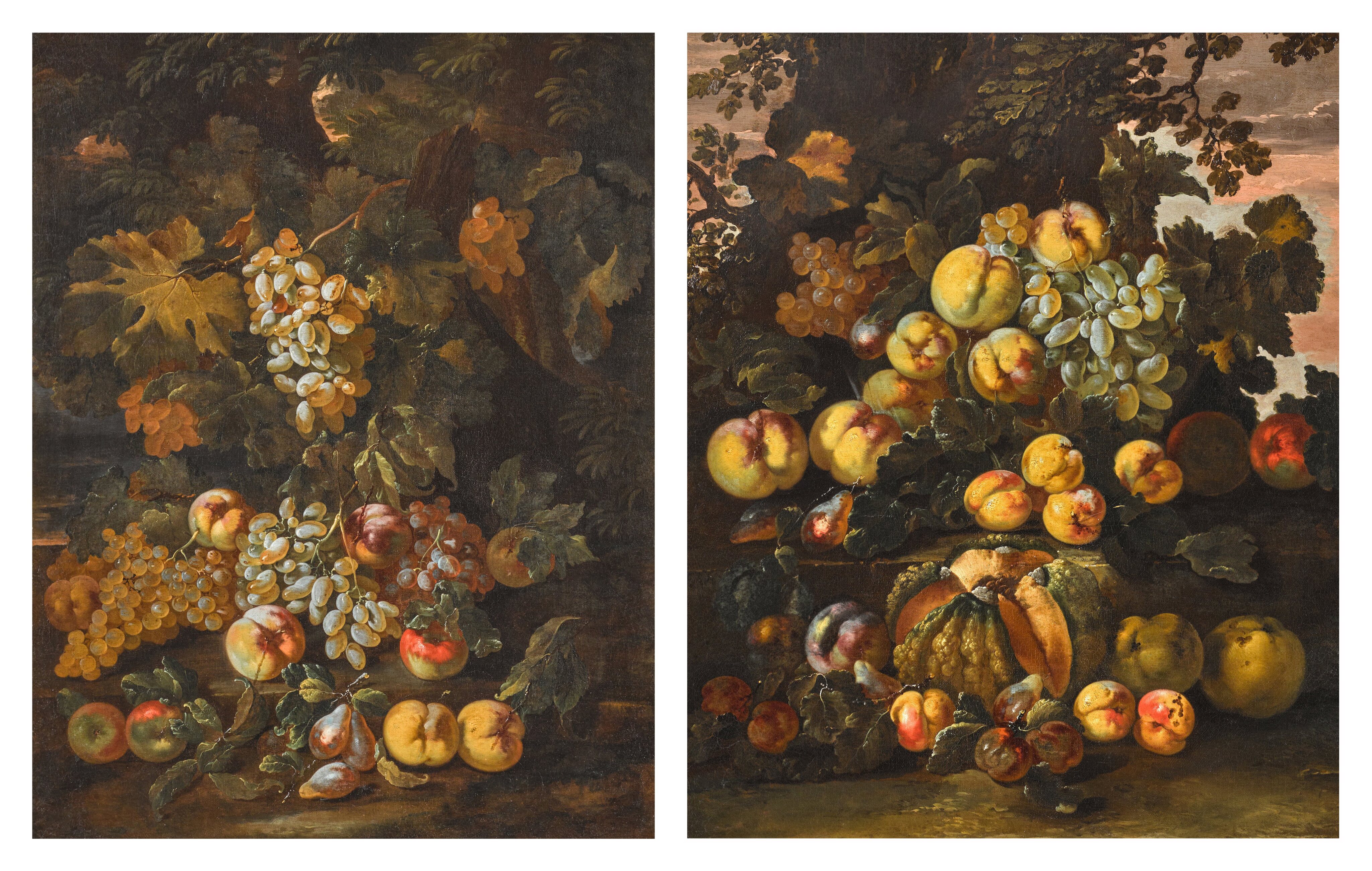 Still life with grapes, apples, peaches and plums in a wooded landscape; Still life with a melon, apples, grapes, peaches, quinces and plums by a tree