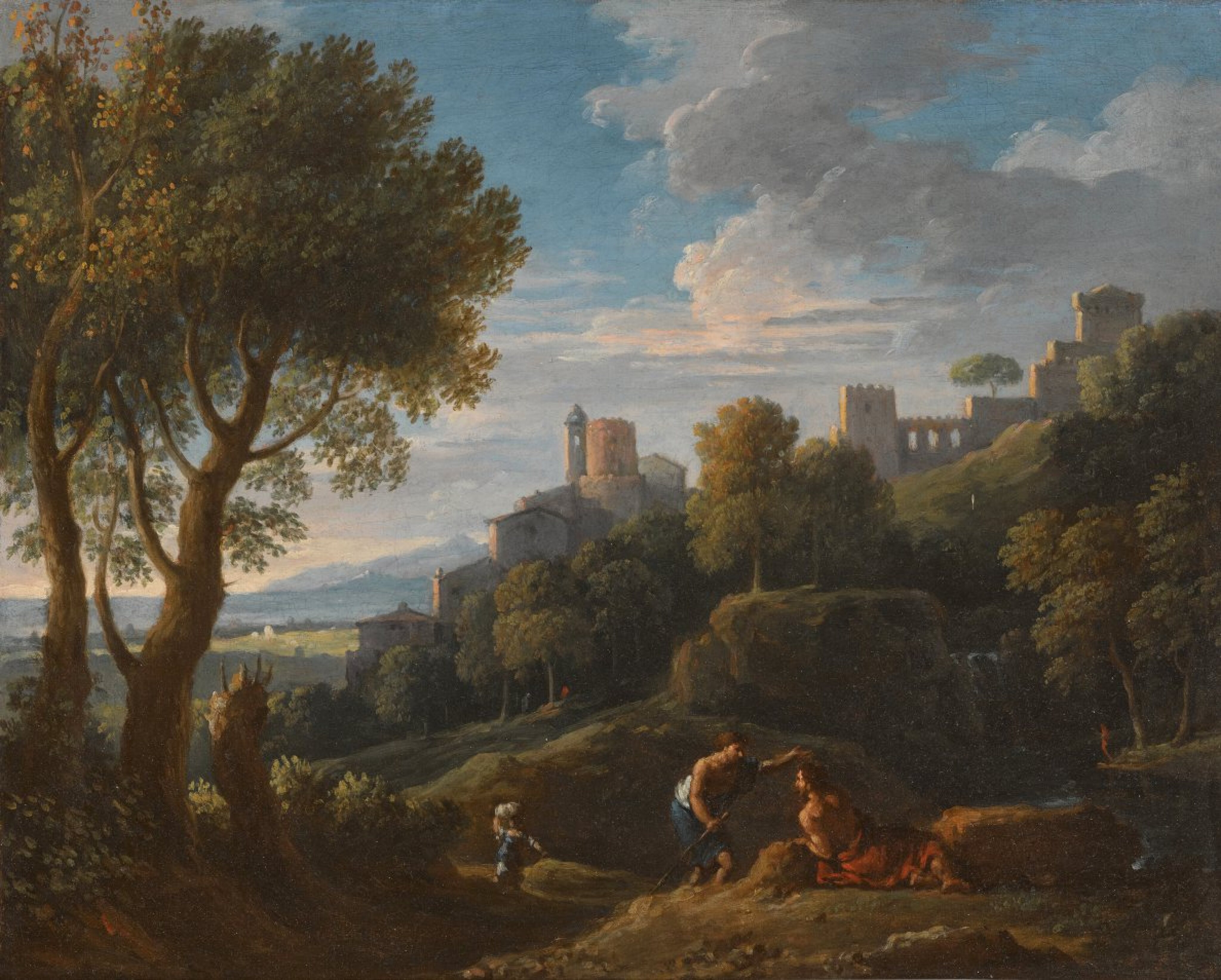 A classical landscape with figures in the foreground, a walled town beyond