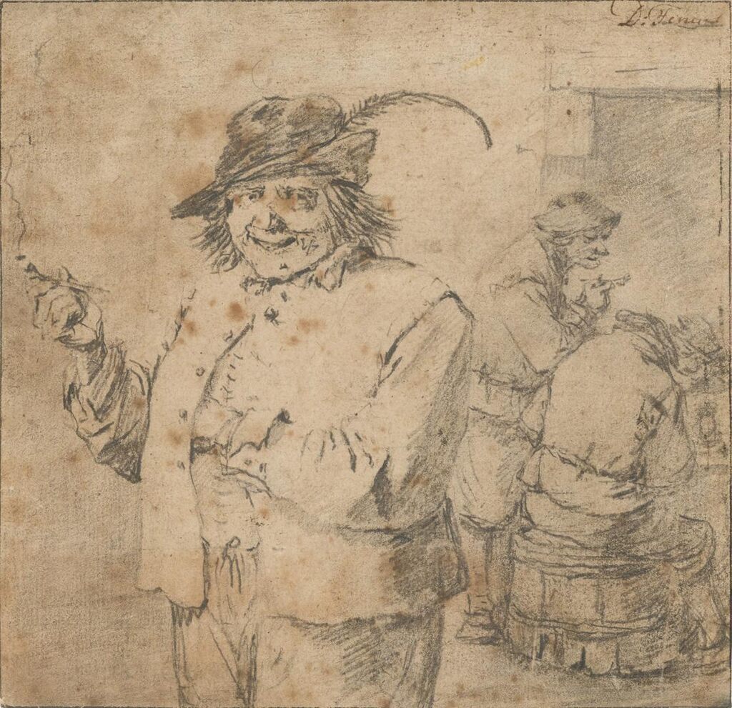 A laughing peasant with a pipe, others seated behind