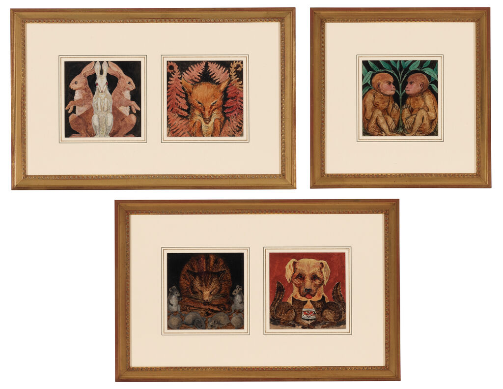 Three Rabbits; Two Young Monkeys; A Fox; A Watchful Dog; A Sleeping Cat with Mice