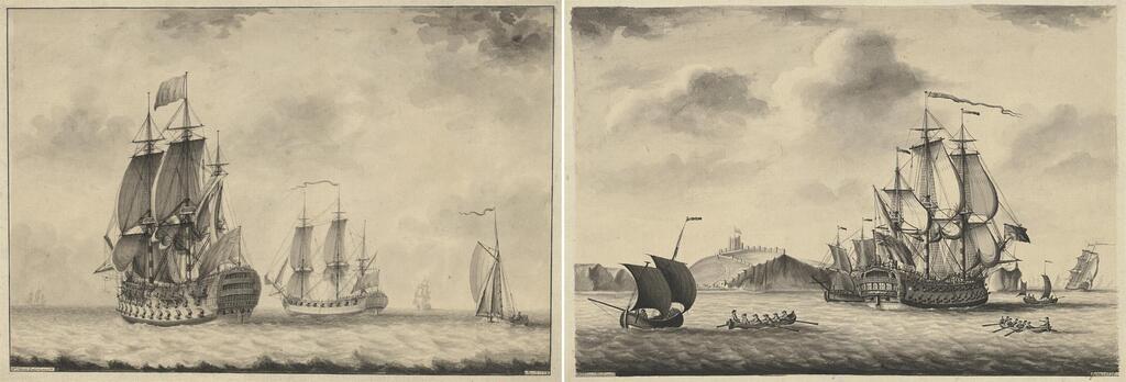H.M.S. Britannia and a frigate running down the Channel; and A British man-o'war and other vessels in the Channel off Dover