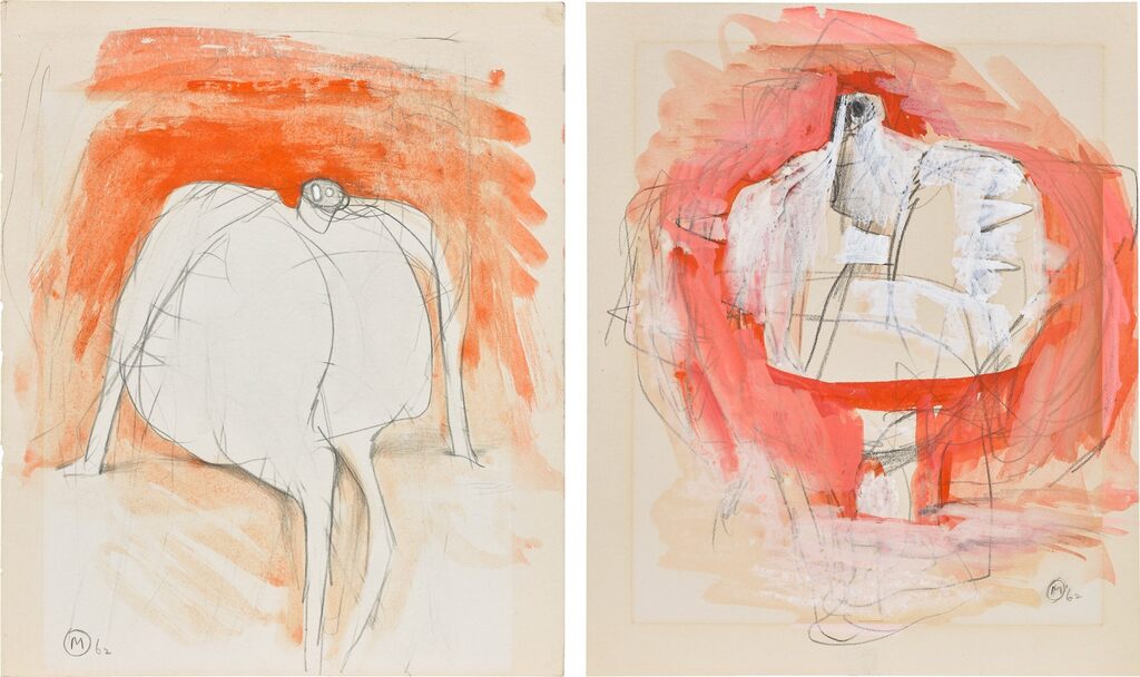 Two works: (i) Drawing for Sculpture (Fat Seated Figure); (ii) Drawing for Sculpture (Armed Bust Version 2)