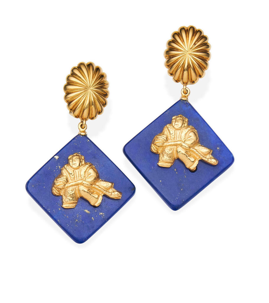 A PAIR OF LAPIS LAZULI AND GOLD EARRINGS