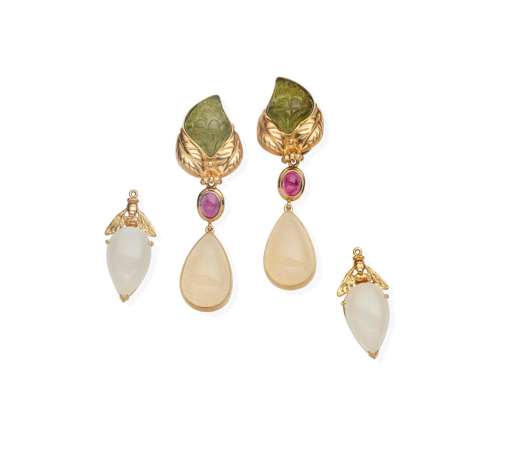 A pair of tourmaline earrings, together with a pair of pink tourmaline and Mexican opal pendants and a pair of moonstone pendants