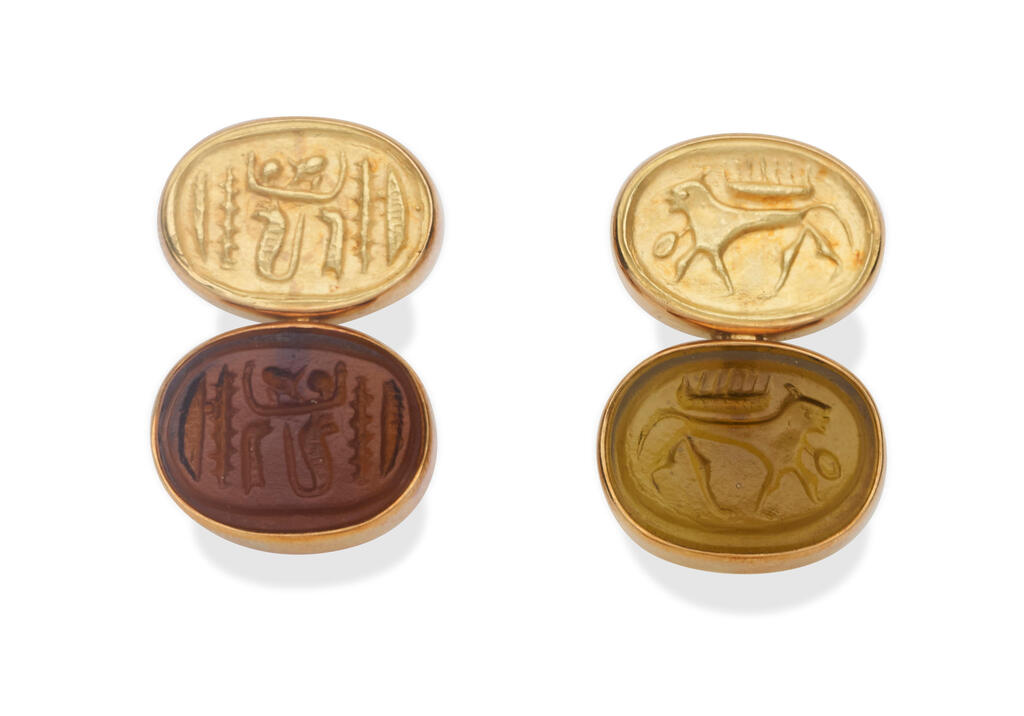 A pair of glass intalgio and gold reverse cameo earrings,