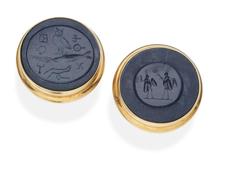 A pair of black glass intaglio earrings
