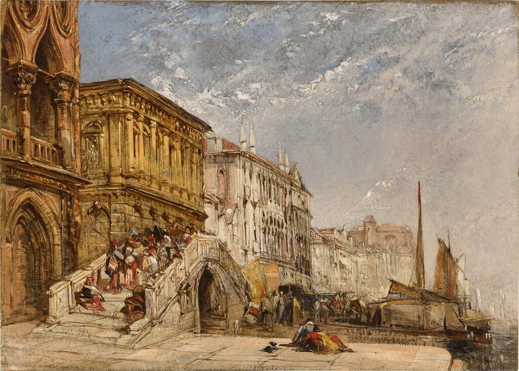 Venice, a view of the Riva degli Schiavoni with the Ponte della Paglia