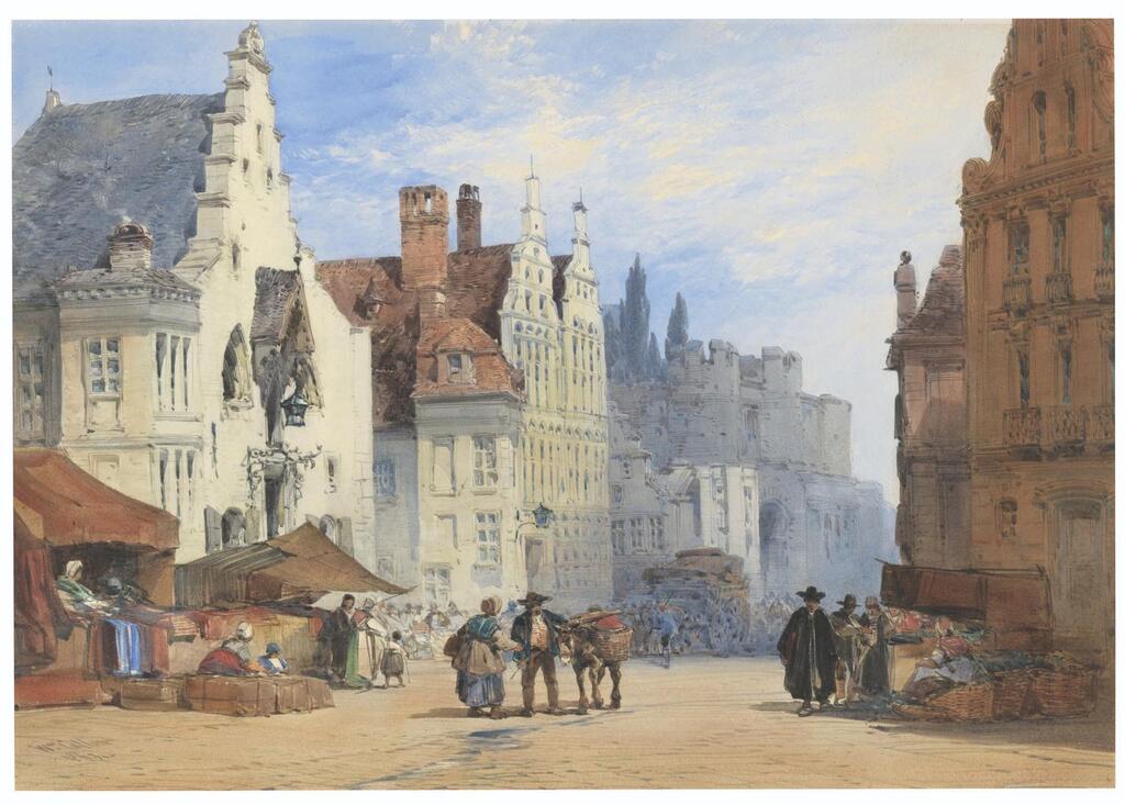 The vegetable market, Ghent, with Gravensteen Castle from Geldmunt behind