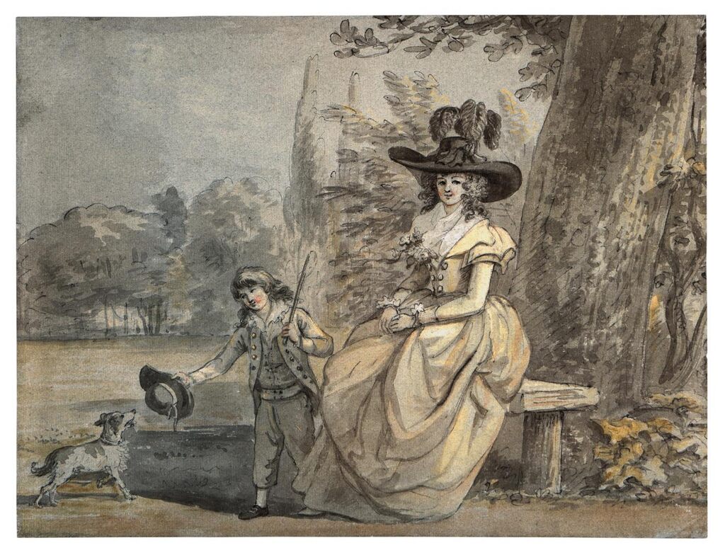 Portrait of a seated lady and a young boy playing with a dog, possibly members of the artist's family, in the grounds of the Deputy Ranger's House, Windsor Great Park