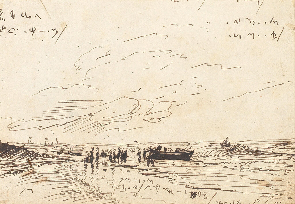 Study of a beach with figures and small boats, thought to be in Madras