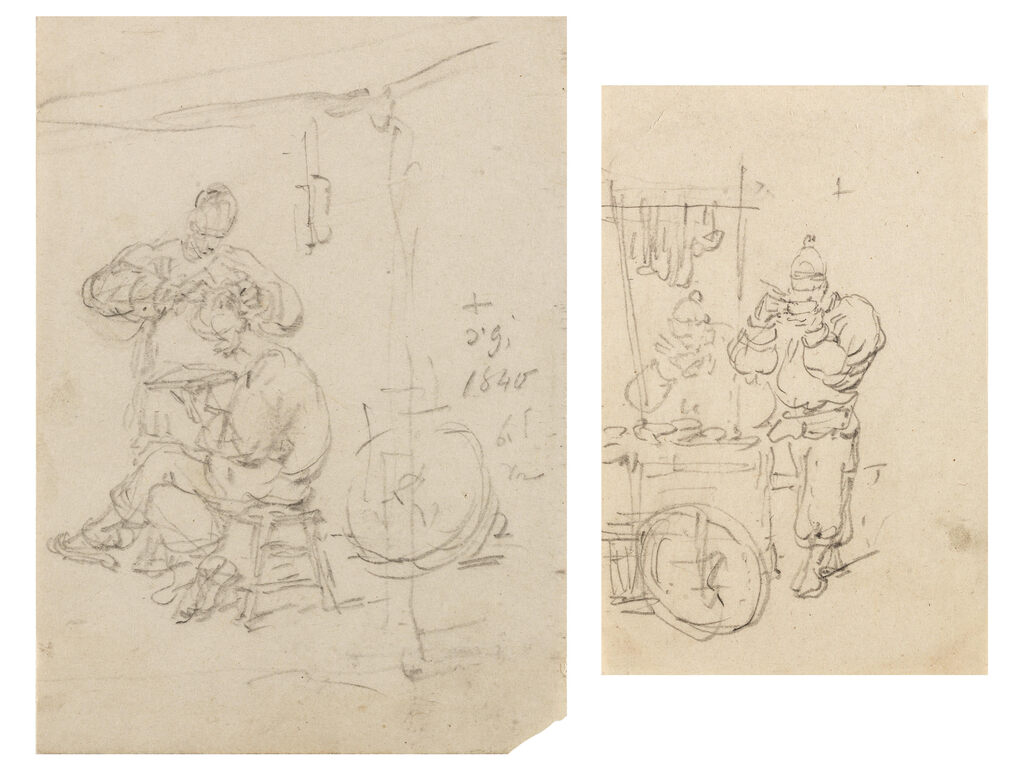 Study of a Chinese market stall; Study of a Chinese barber and his customer, a set of two