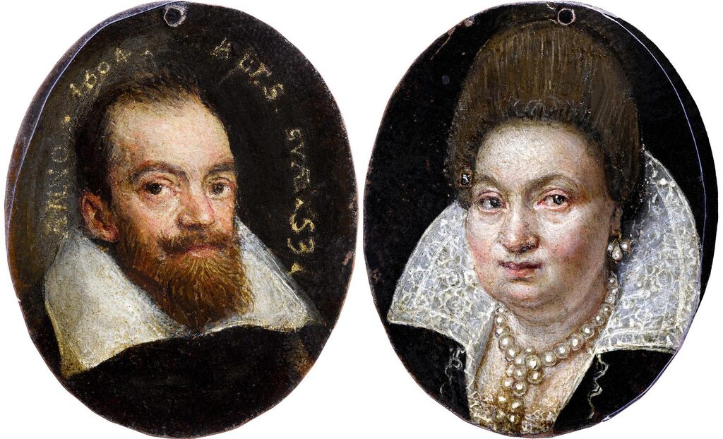 Double-sided portrait of a bearded gentleman and a lady in a white ruff and pearl necklace