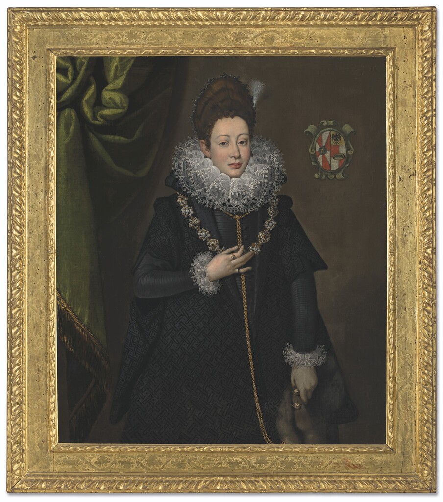 Portrait of Bianca Lucia Aliprandi, née Crivelli, three-quarter-length, in a black brocade dress, with a jewelled necklace and fur muff