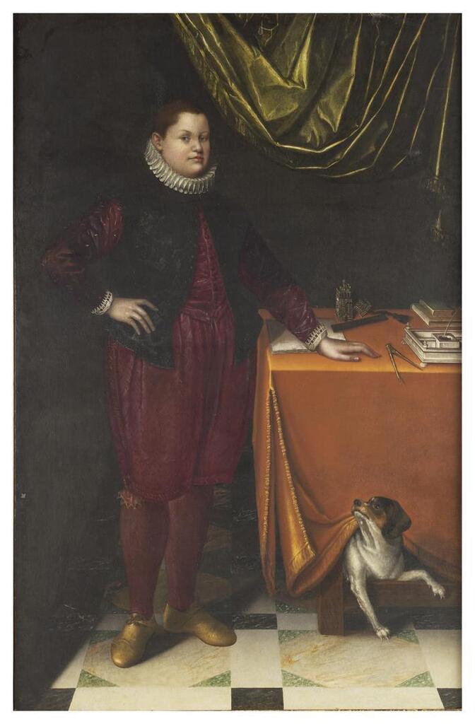 Portrait en pied d'un jeune garçon, avec son chien
