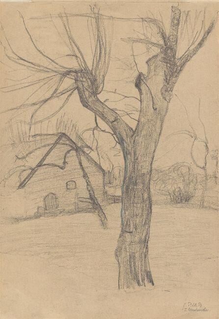 ”Baum vor einem Bauernhaus / Gänsestudie”