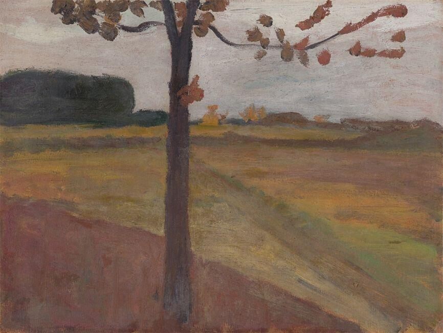 ”Baumstamm vor Herbstlandschaft. Verso: Landschafts-studie mit Moorkanal”
