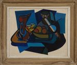 Femme au violon et nature morte au compotier, à la carafe et aux coupes 1956 Huile sur panneau signé "Weber" et daté en bas à droite 46 x 55 cm Rapport de condition : Encadré