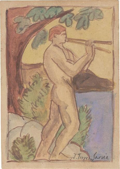 Panpipe playing man at the sea