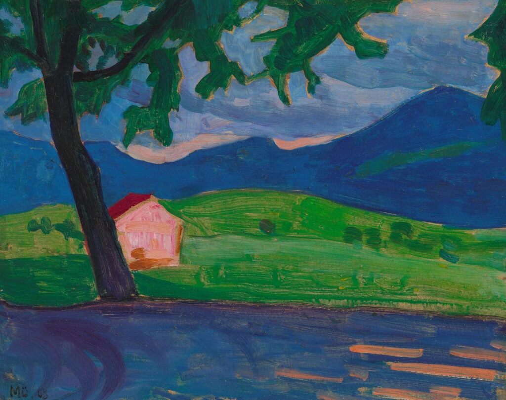Vom Griesbräukeller. Wiese, Scheune, Berge