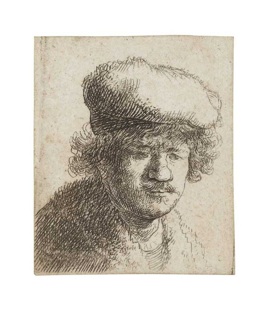 Self Portrait with Cap pulled forward (New Hollstein 71; Bartsch 319)