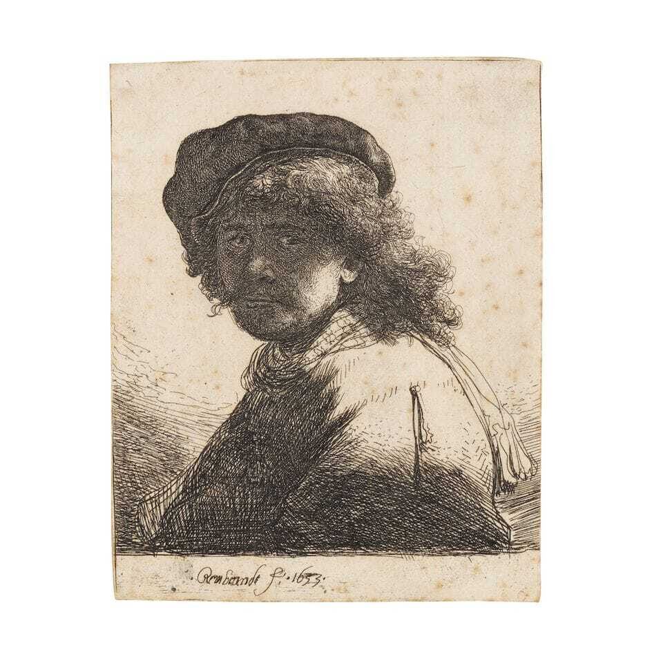 Self portrait in a Cap and Scarf with the Face dark: Bust (New Hollstein 120; Bartsch 17)
