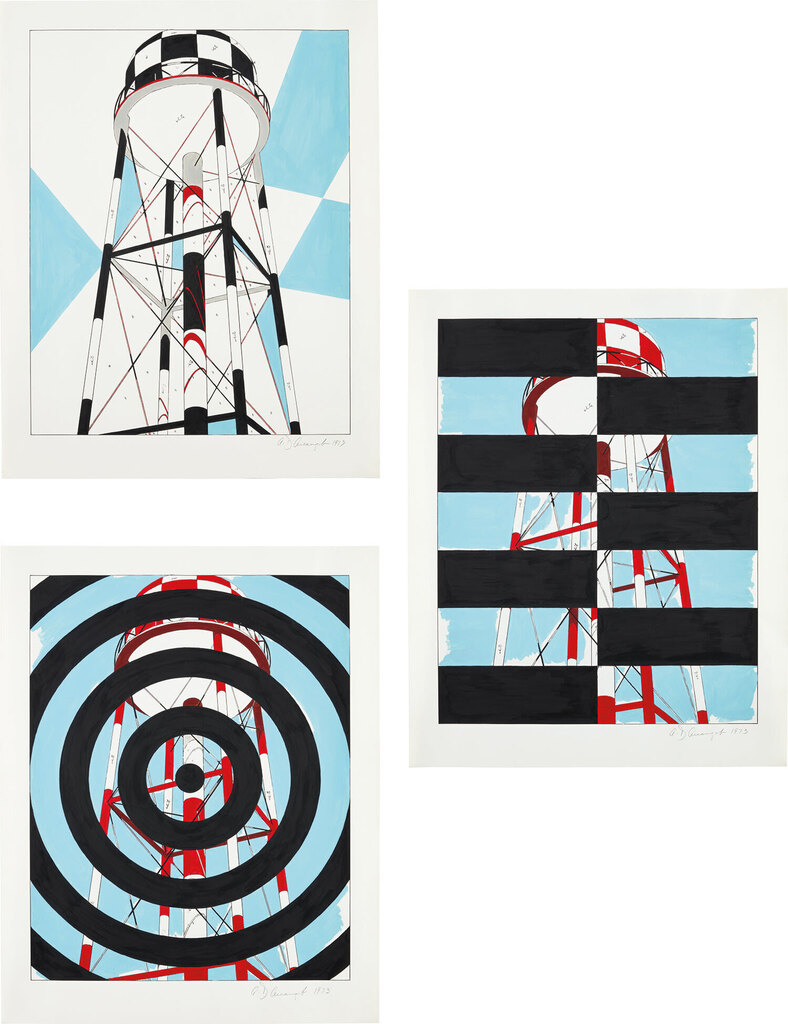 Three works: (i) Watertower; (ii) Watertower with Rectangles; (iii) Watertower with Target