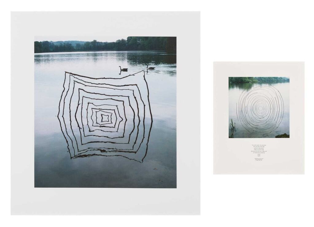 Sticks and willow herb stalks pushed into muddy lake bottom shallow around the edge both days sunny and calm to begin with as I finished the sky darkened breeze ripples, Yorkshire Sculpture Park 29April, 3 May 1987