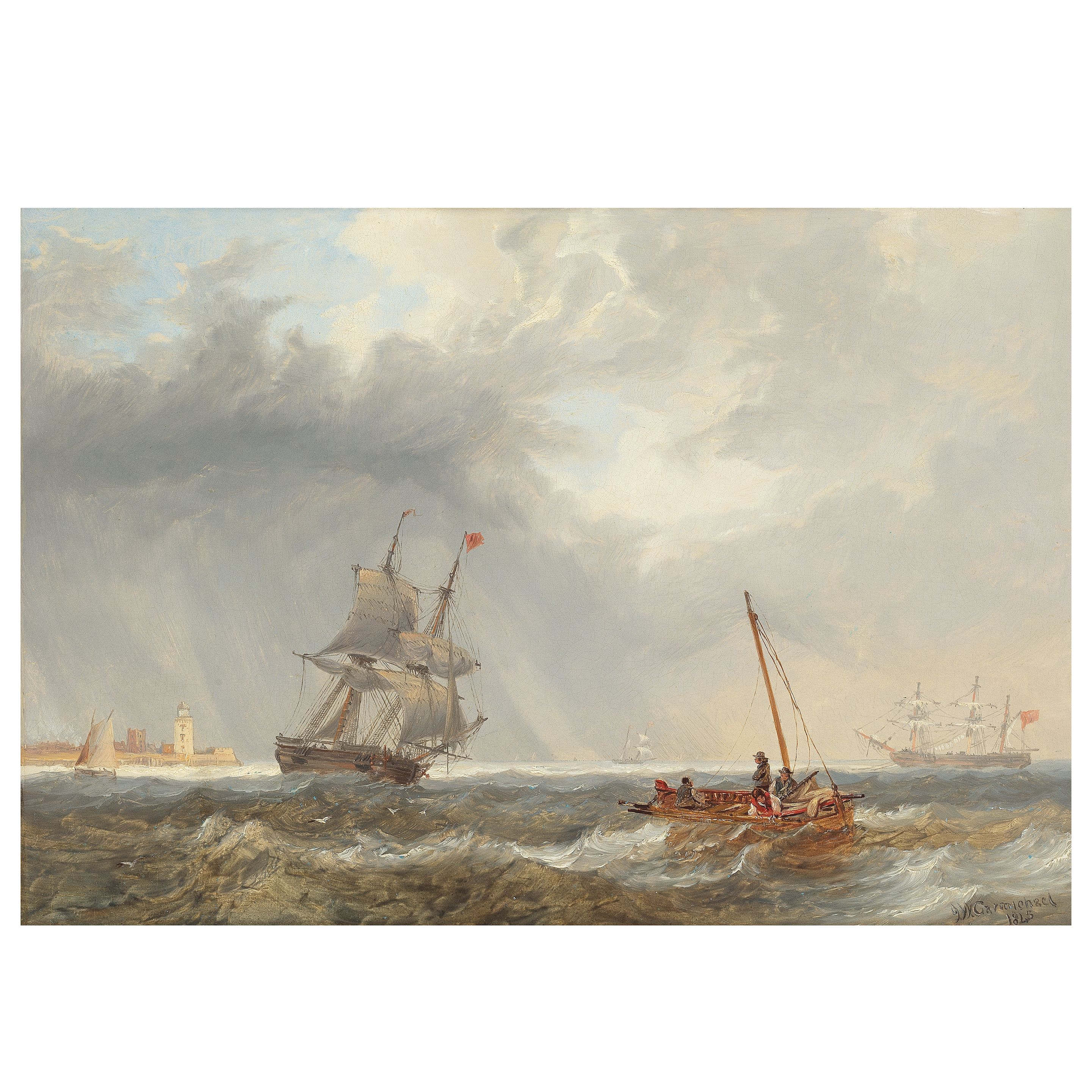 John Wilson Carmichael (British, 1799-1868) Shipping in a choppy sea off a lighthouse