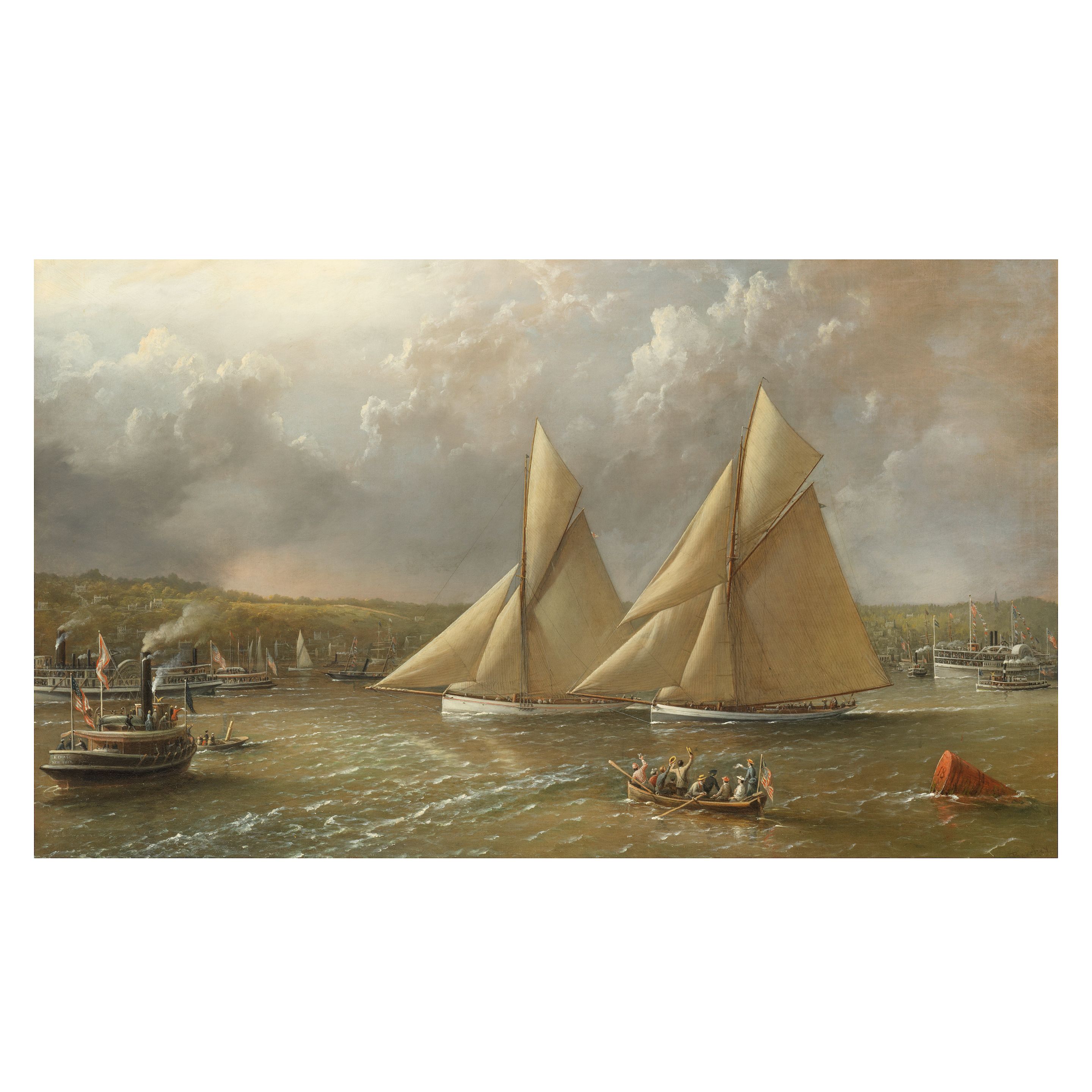 Richard Brydges Beechey (British, 1808-1895) Galatea and Mayflower crossing the start line of the opening race of the 1886 challenge for the America's Cup (Together with a presentation plaque bearing the title and artist's name)