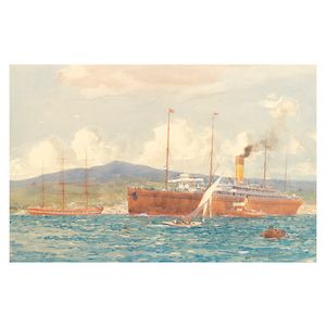 Norman Wilkinson (British, 1878-1971) A White Star steamship in Wellington Harbour, New Zealand mounted but unframed