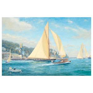 Shane Couch (British, born 1963) 'Satanita and Navahoe prepare for the 1st race Royal Southampton Y. C. 1893'