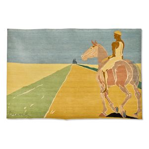 Dame Elisabeth Frink R.A. (British, 1930-1993) On the Road to Chartres (Tapestry) Wool pile tapestry in colours, 1983, signed and numbered 15/30 in black ink on the publisher's label stitched verso, also with copyright, date and numbering stitched verso, published by Barry Cronan Fine Art Ltd., in association with Waddington Galleries, LondonOverall 1800 x 2760mm (72 1/4 x 108 7/8in)