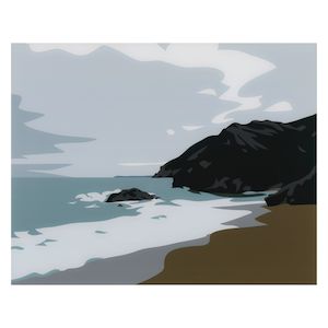 Julian Opie (British, born 1958) Lantic Bay, from Cornish Coast 1. Digital print in colours, 2017, float-mounted onto glass as issued, signed in black ink, dated and stamp-numbered 14/20 on the publisher's label affixed to the verso of the artist-specified frame (there were also five artist's proofs), published by Cristea Roberts, London, the full sheet, in the artist's designated aluminium frameSheet 448 x 600mm (17 5/8 x 23 5/8in)Frame 635 x 785 x 40mm (25 x 30 7/8 x 1 1/2in)