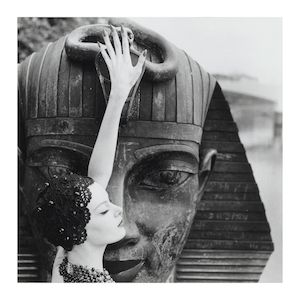 Norman Parkinson (British, 1913-1990) Nena von Schlebrügge and Sphinx, Victoria Embankment, for Queen Magazine Gelatin silver print, 1960, on photographic paper, published in 1963 for 'Queen Magazine', with the Norman Parkinson Trust ink stamp with title, date, and reference number in pencil verso, the full sheet, framedImage 292 x 292mm (11 1/2 x 11 1/2in)Sheet 408 x 303mm (16 1/8 x 11 7/8in)