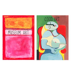 Alma Singer (British, born 1986) Good Art; Museum Art Two archival inkjet prints in colours, 2023-25, Somerset Satin paper, each signed and dated, numbered 3/25 and marked 'AP' in black ink, respectively, printed by Jealous Gallery & Print Studio, London, the full sheets, unframedSheet 695 x 495mm (27 3/8 x 19 1/2in)(and smaller)(2)