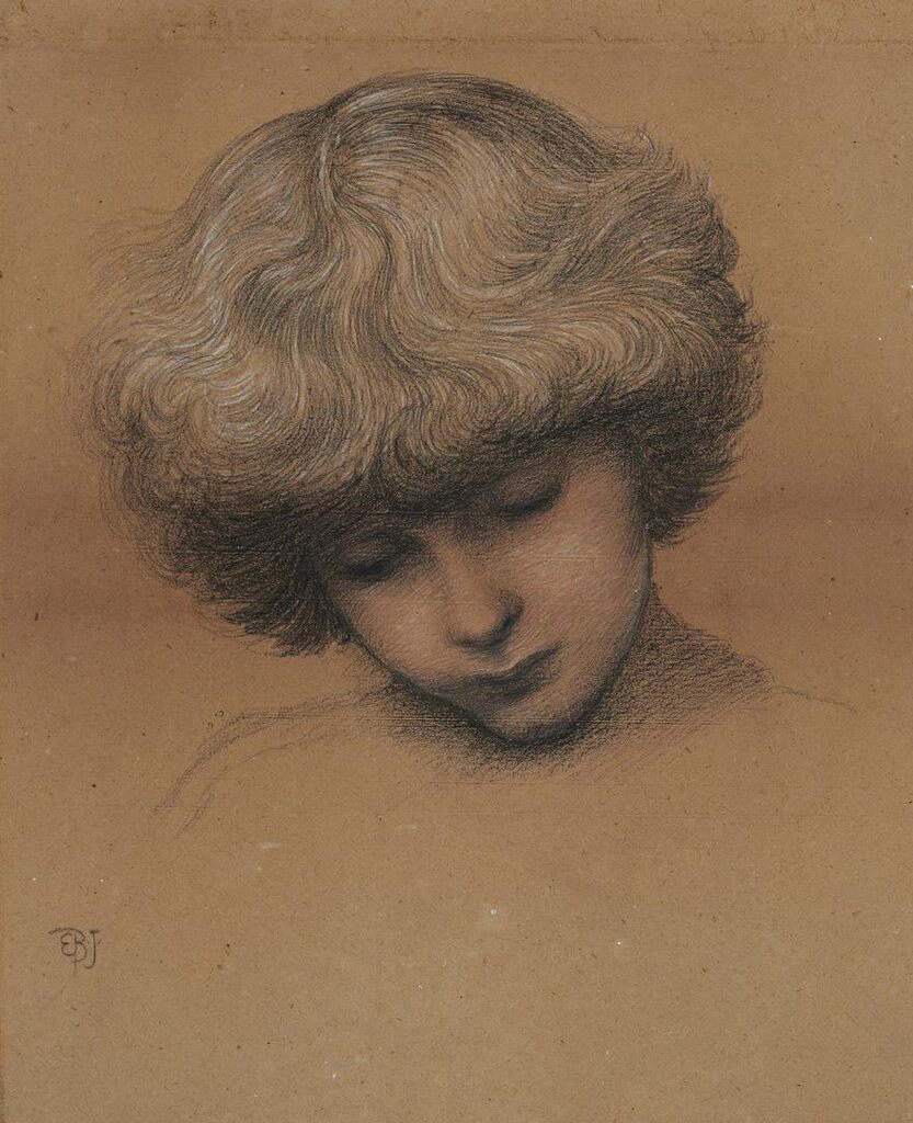 Head of Philip Comyns Carr (b.1874), looking down, aged 7: study for a chorister in 'King Cophetua and the Beggar Maid'