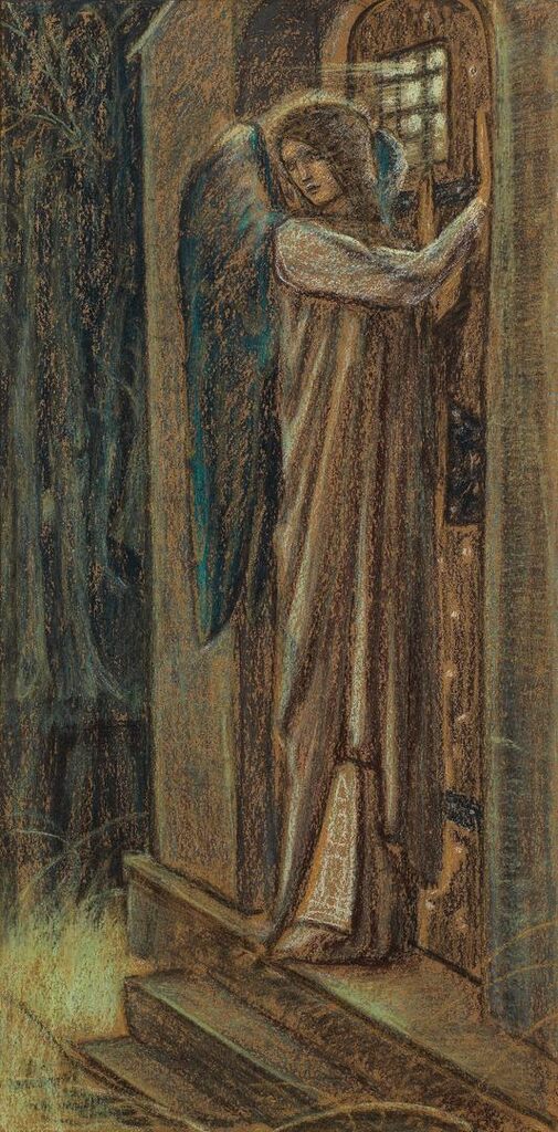 The Forbidding Angel, study/cartoon for the subject in Sir Gawaine and Sir Uwaine (Sir Gawain and Sir Ewain) at the Chapel of the Sangreal, Stanmore Hall tapestry series