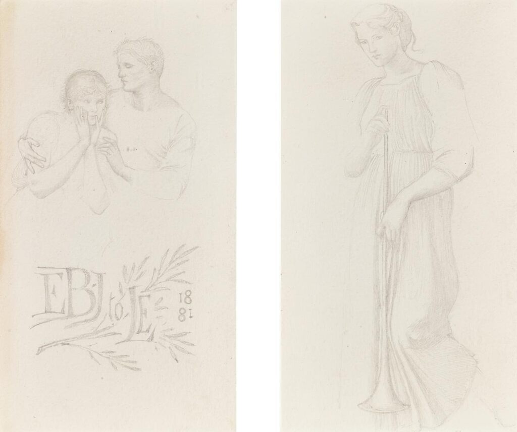 (i) Two sheets of studies in one frame; a study of two figures embracing (recto), a study for 'The Golden Stairs' (recto), a study of a pair of legs for 'The Golden Stairs' (verso); (ii) Two sheets of studies of sleeves for 'The Golden Stairs' in one frame (recto); two sheets of studies of an infant's head for putti in 'Terra Omniparens' in one frame (recto), a study of a putti's head (verso), a study for 'The Golden Stairs' (verso)