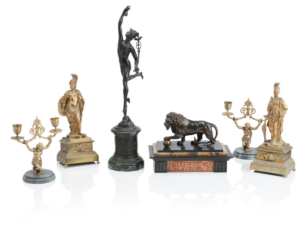 A LATE 19TH CENTURY PAIR OF CONTINENTAL BRASS FIGURES OF ATHENA AND MARS
